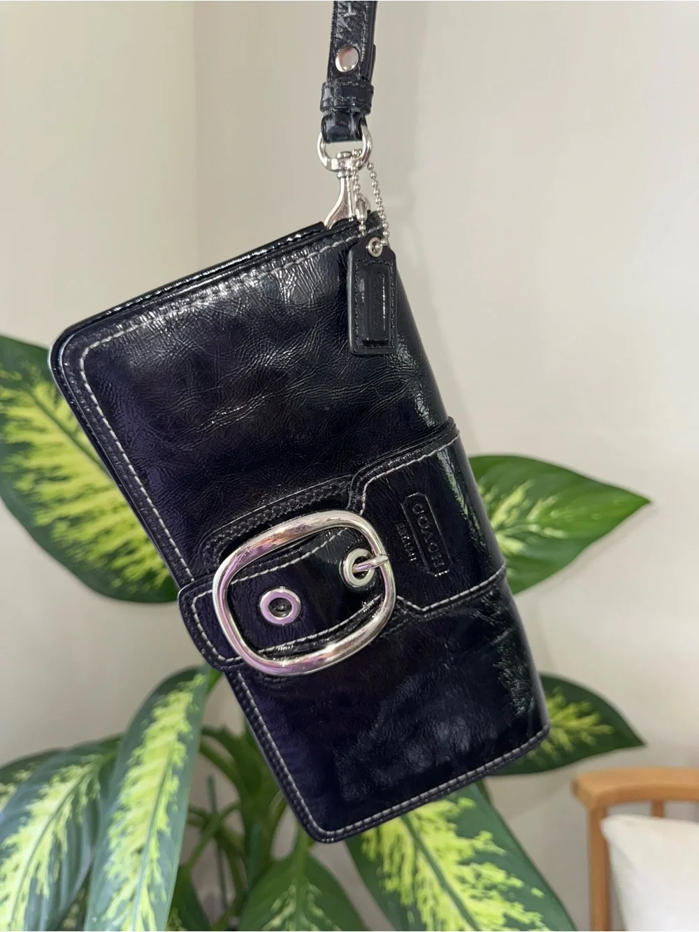 Coach Black Glossy Patent Leather Clutch Wristlet Wallet Silver Buckle Accent